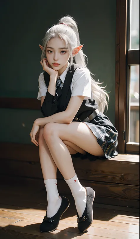 (The Road to Japanese Classics，the cherry trees：1 Elf beauty，JK school uniform），two longer legs，(Normal posture)tmasterpiece， best qualtiy，8KRAW，Meticulous facial portrayal，realisticlying， Incredibly Ridiculous res，(Elf long ears)， (Short silver-white hair...