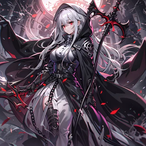 upper body, 1woman, white hair, long haired, red eyes, (grim reaper), black long cape, black large scythe, tunic, big breats, wa...