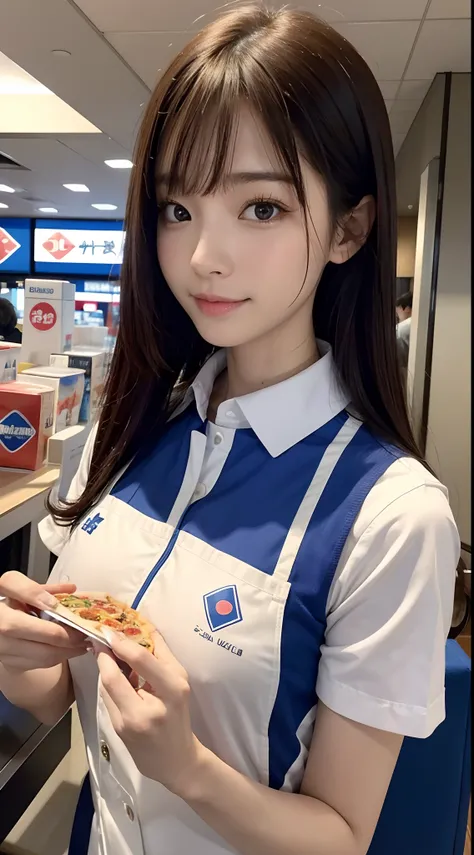 {8K Photo Quality:1.2}、{Ultra-high resolution photo quality:1.2}、{Super Real 1.2}、{Perfect limbs}、{japanes}、masutepiece、NSFW、1womanl、Wearing a Dominos Pizza uniform、Serving customers with a 恥ずかしそうな顔