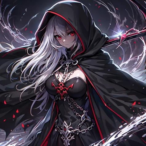 upper body, 1woman, White hair, Long Haired, Red eyes, (Grim Reaper), Black Long Cape, Black Large Scythe, tunic, big breats, wallpaper, Chain background, light particles, (masterpiece), best quality, closed-mouth