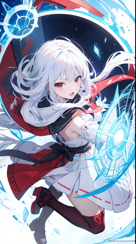 anime girl with white hair and red eyes holding a shield, blue magic circle, ice magic, best anime 4k konachan wallpaper, white haired deity, zerochan art, anime art wallpaper 8 k, anime style 4 k, ufotable art style, detailed anime art, anime art wallpape...