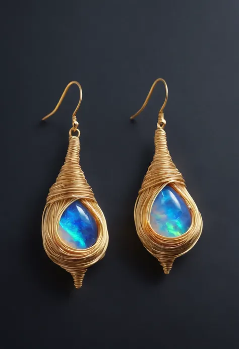 Gold wire woven flame earrings, Flames, Handmade, Traditional weaving techniques, Small size, Set with Boulder Opals, The main colors are blue and white, 8K resolution on bulbs – no soldering required