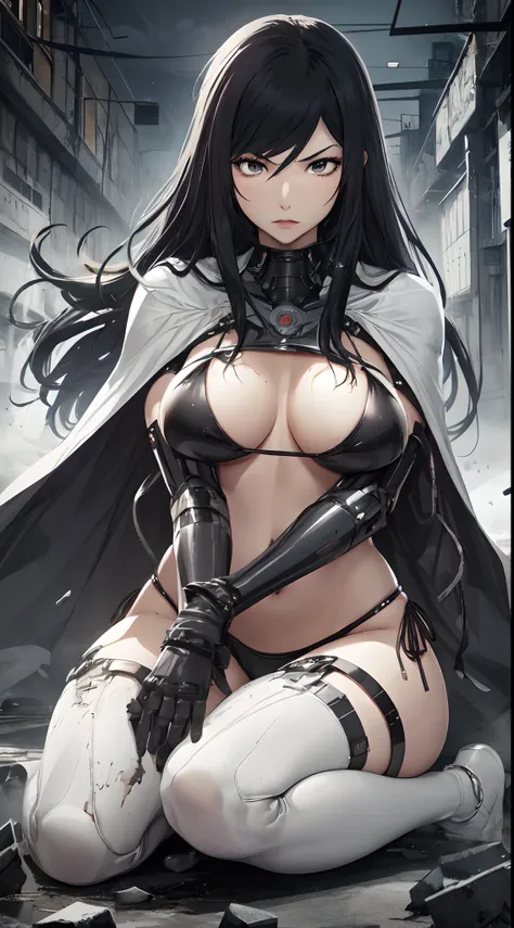 generate a High quality image of Mari kurihara from prison school, black long hair, grey eyes, full body view, (wearing robotic bikini Armour, cape, hand gloves), sitting on knees throughout in the destroyed futuristic city, angry expression, cinematic fog...