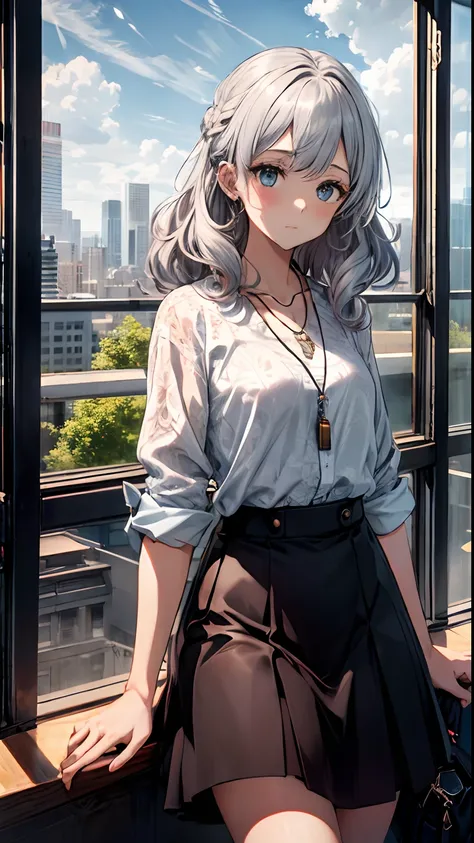 best quality,masterpiece,1girl,silver hair,disheveled hair,curly_hair,shirt,skirt,kawaisou,jk,red_bow,watchi,necklace,cityscape,...