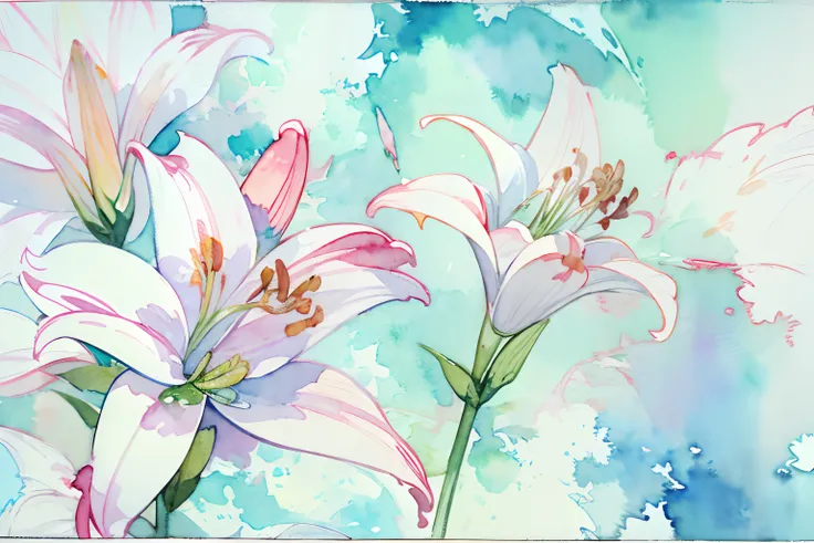 ((masutepiece)), (Professional Photography:1.2), (High Definition:1.3), Best Quality, (watercolor painting:1.3), wide shot, a few beautiful lilies, blue sky, (simple white background:1.10), pale blue fine ink splashing