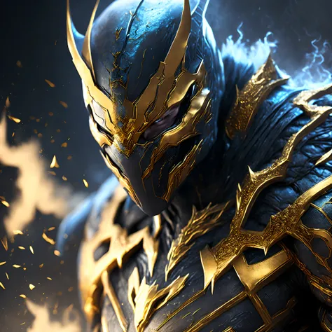 Close-up ( frozen gold venom from Marvel in Goth style: 1.3) emerging from the golden land, extremely detailed, smoke, sparks, metal shavings, flying debris, volumetric light