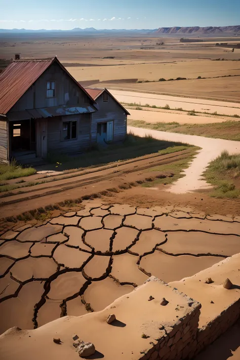 (dry farmland, abandoned houses), oil painting, vivid colors, somber lighting, detailed brushstrokes, rustic landscape, desolate atmosphere, textured soil, cracked ground, broken windows, faded paint, overgrown weeds, empty streets, nostalgic mood, timeles...