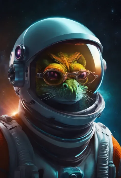 a lizard-headed astronaut wearing a futuristic glasses with a control projected onto the glasses, hes in space, corpo inteiro e calda