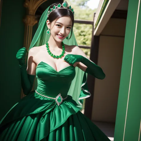 emerald tiara, Green Pearl Necklace, Boyish very short green hair, lipsticks, Japan woman smiling, very short short hair, fist, big breasts beautiful, Green eyes, Long green gloves made of satin material, Green eyes, Emerald Earrings