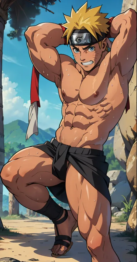 (do not wear banners,do not wear headbands) (Full body) boy was shy and blushed (photo subject: Close-up of muscular thigh muscles ) (photo angle from bottom up)(Drawings of Naruto anime) (photo angle from the ground upwards) [Anime photo][highest quality ...