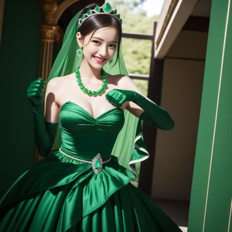 emerald tiara, Green Pearl Necklace, Boyish very short green hair, lipsticks, Japan woman smiling, very short short hair, fist, big breasts beautiful, Green eyes, Long green gloves made of satin material, Green eyes, Emerald Earrings