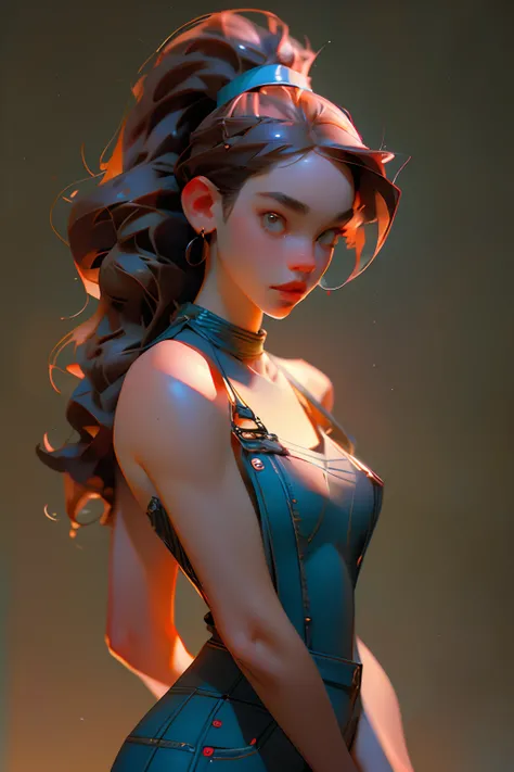 a photo of pho3b3cat3s, beautiful woman, ((24 years old)), street, naked breasts, denim overalls, 1980s, retro, long wavy dark hair ponytail, (masterpiece), (extremely detailed CG unity 8k wallpaper), Intricate, ((photorealistic)),