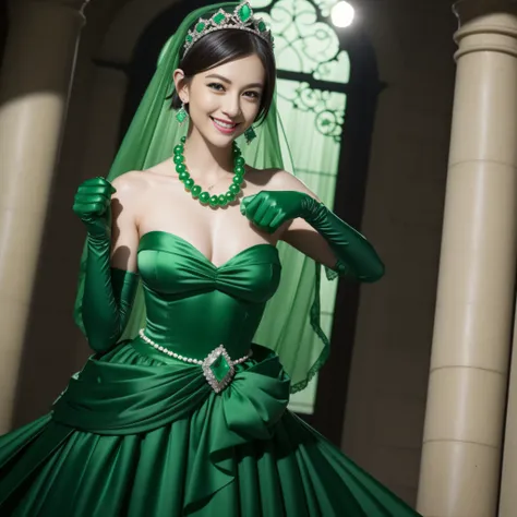 emerald tiara, Green Pearl Necklace, Boyish very short green hair, lipsticks, Japan woman smiling, very short short hair, fist, big breasts beautiful, Green eyes, Long green gloves made of satin material, Green eyes, Emerald Earrings