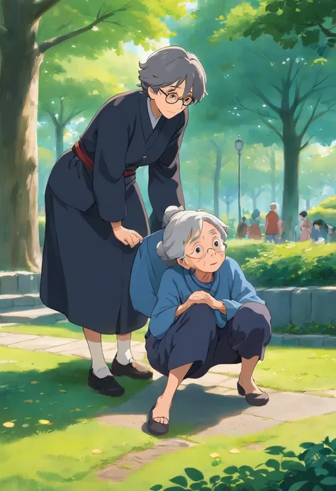 a young  man helps an old woman that fell on the ground to stand up , in the park , the young man is wearing black and jeans and have a black bownish hair , the old woman is wearing an black and gray uniform ,  Dutch Camera Angle , Long Shot