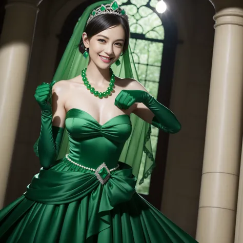 emerald tiara, Green Pearl Necklace, Boyish very short green hair, lipsticks, Japan woman smiling, very short short hair, fist, big breasts beautiful, Green eyes, Long green gloves made of satin material, Green eyes, Emerald Earrings