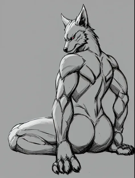 Sketch, white background, solo, wolf, beast, paws, tail, lycanthrope, fantasy