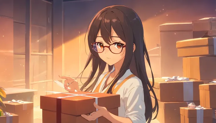 a black, long hair girl with brown eyes whit sunglasses that open a surprise box