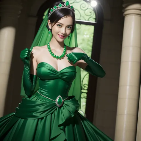 emerald tiara, Green Pearl Necklace, Boyish very short green hair, lipsticks, Japan woman smiling, very short short hair, fist, big breasts beautiful, Green eyes, Long green gloves made of satin material, Green eyes, Emerald Earrings