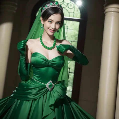 emerald tiara, Green Pearl Necklace, Boyish very short green hair, lipsticks, Japan woman smiling, very short short hair, fist, big breasts beautiful, Green eyes, Long green gloves made of satin material, Green eyes, Emerald Earrings