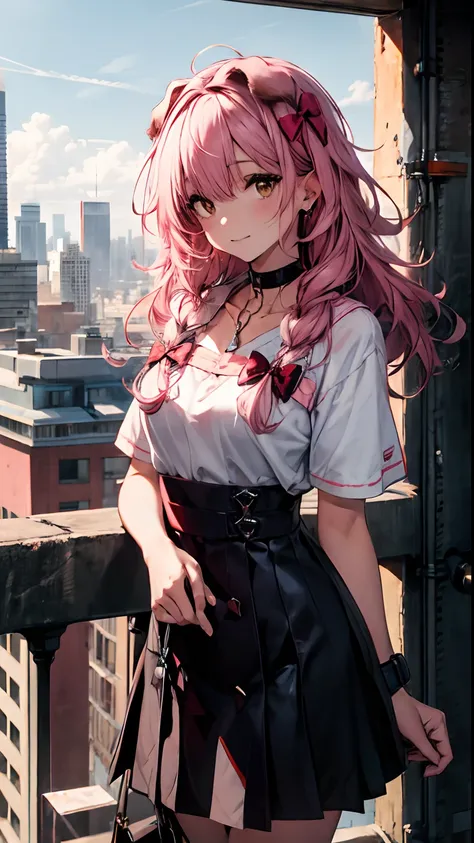 best quality at best，tmasterpiece，1girll，pink hair，messy  hair，curly_hair，the shirt，a skirt，kawai，jk，red_bow，wrist watch，choker ...