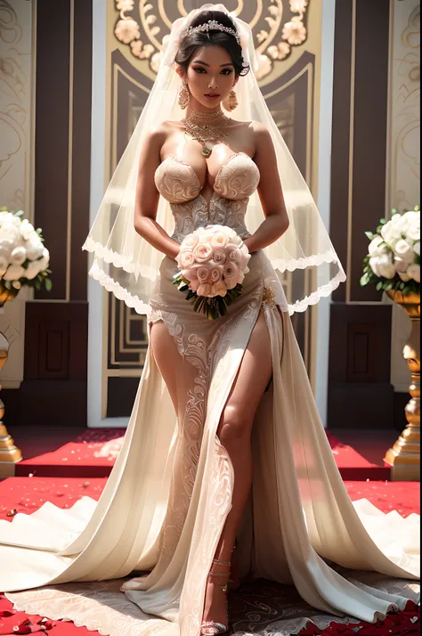 (beautifull indonesian with very large saggy breast), wear (detail luxury wedding gown), at wedding aisle, elegantly walk down the aisle, (luxury strapless wedding gown), (show cleaveage), (show thigh), (very large breast:1,9), (night time), beautifull flo...