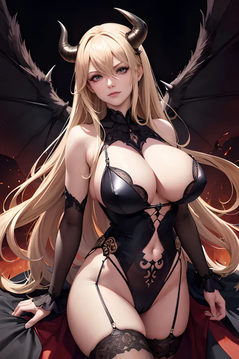 Stormy Daniels ultra-detailed: The Empress of Darkness, Background to the destruction of hell, diabolique, insidieux, invincible, couronne sombre, Evil queen, Robe noire et rouge, demon wings dans le dos, Demon horn, Realistic detailed brown eyes, Shaded i...