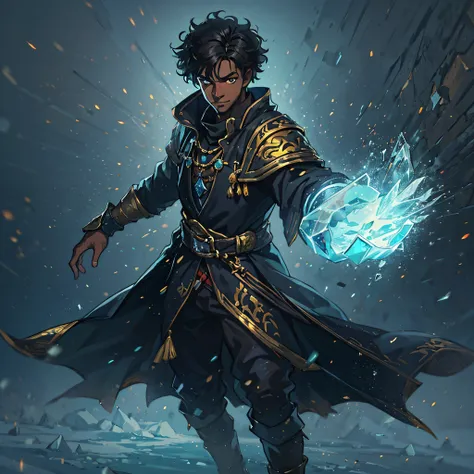 ((masterpiece,best quality)), extremely detailed 8K wallpaper, depth_of_field, best shadow, (Colorful), Combat Pose, casting a ice magic, 1 black man, beautiful, short curly hair, young man, confident eyes, golden eyes, confident smile, dressed in black cl...