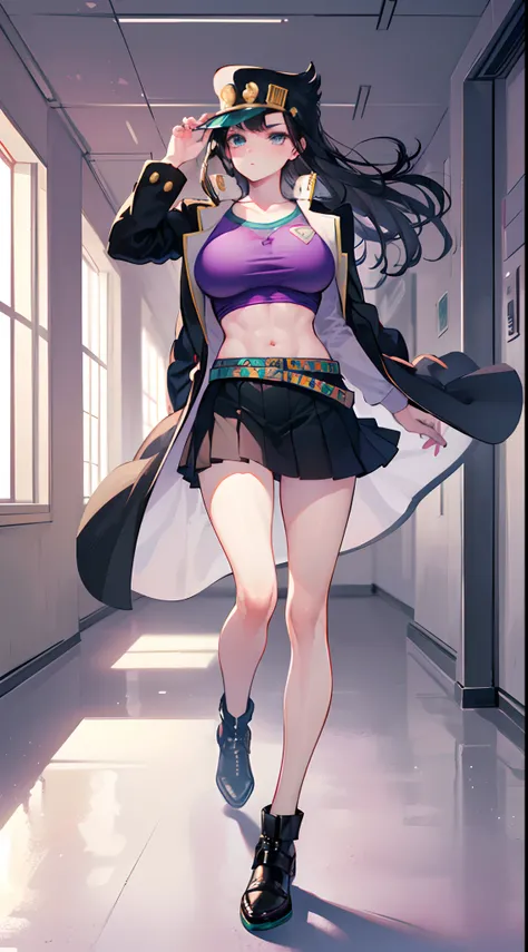 (((1girl))), ((solo)), ((Jotaro Kujo as a girl)), genderbender, ((long black hair flying in the wind)), aqua eyes, cold stonic face, big boobs, ((purple inside shirt)), black coat, black short skirt, muscular female, ((school hallway background)), ((fullbo...