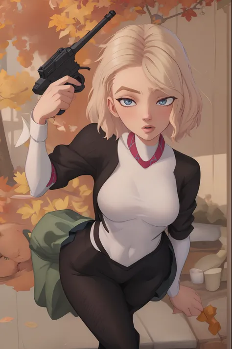 a very confidant badass arrogant cocky boss bitch attitude ,gwen stacy g2h, gun to head, handgun, holding gun