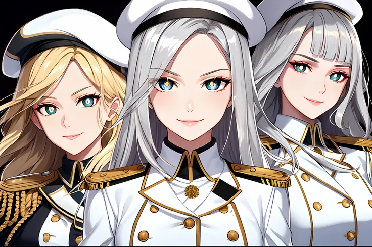 (white clothes), shiny gloves and  beret, glamorous proportion, blunt bangs, forehead, silver hair, blonde, (beautiful eyes), (detailed pupils), perfect face, face focus, (epaulettes), evil smile, dynamic pose, dynamic cut, dynamic angle,