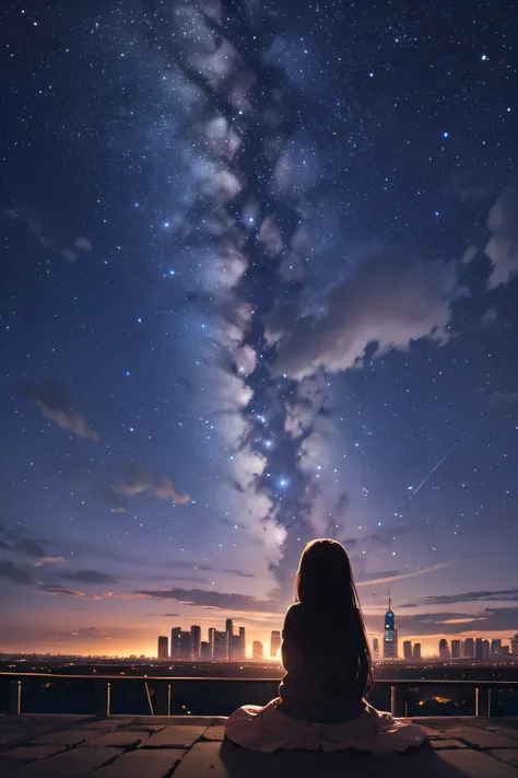 octans, sky, star (sky), scenery, starry sky, night, 1girl, night sky, solo, outdoors, building, cloud, milky way, sitting, tree, long hair, city, silhouette, cityscape --auto --s2