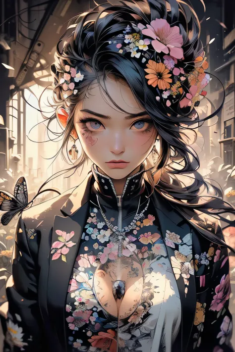 (masterpiece:1.1), (highest quality:1.1), (HDR:1.0), ambient light, ultra-high quality,( ultra detailed original illustration), (1girl, upper body), ((harajuku fashion)), ((flowers with human eyes, flower eyes)), double exposure, fusion of fluid abstract a...