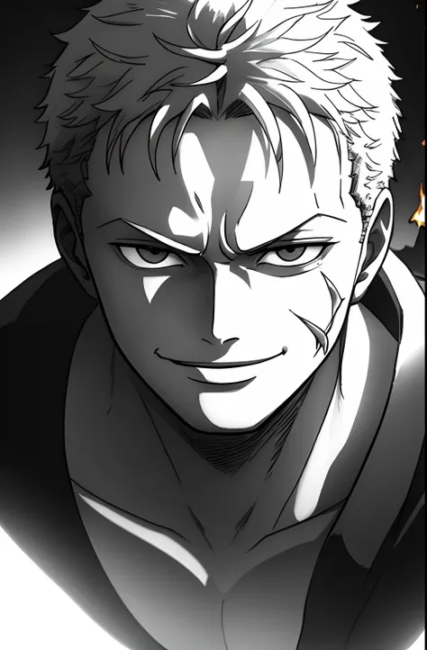 1boy, wanostyle, Roronoa Zoro, smiling, looking at viewer, solo, upper body, ((masterpiece)), (best quality), (extremely detailed), depth of field, sketch, dark intense shadows, sharp focus, soft lighting, hdr, colorful, good composition, fire all around, ...