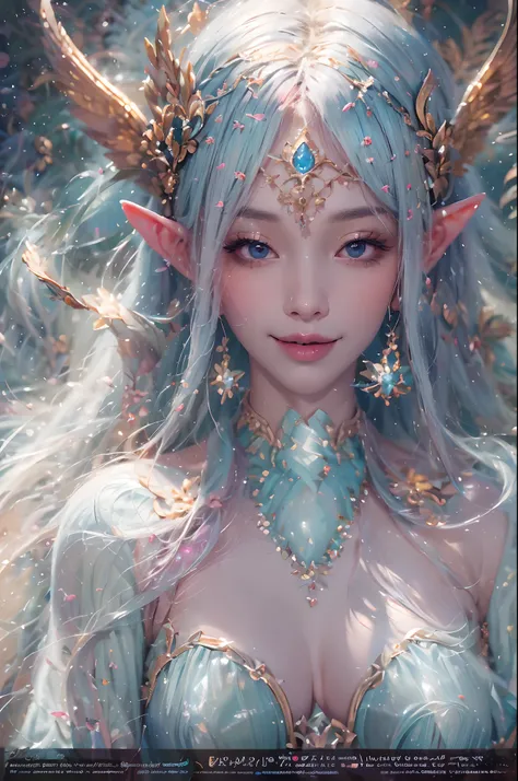 ( Absurd, High quality, Ultra-detailed, Masterpiece, concept-art, smooth, high detail artwork, Hyper-realistic painting ) , elf, Plum elf, plum , Transparent fairy wings, huge tit，low chest，fairytale-like, Romantic, Vivid, Whole body,hand behind back，Malu，...