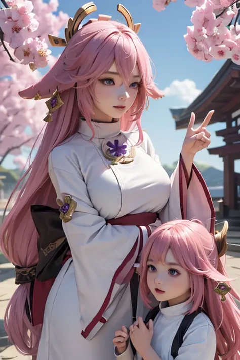 2girls, twin, different clothes, yae miko, genshin impact, pink hair, long hair, puple eyes,  ((best quality)), ((masterpiece)), (detailed), highly detailed skin, ((ultra-detailed)), (beautiful detailed eyes), adult and child woman, detailed real skin, yae...