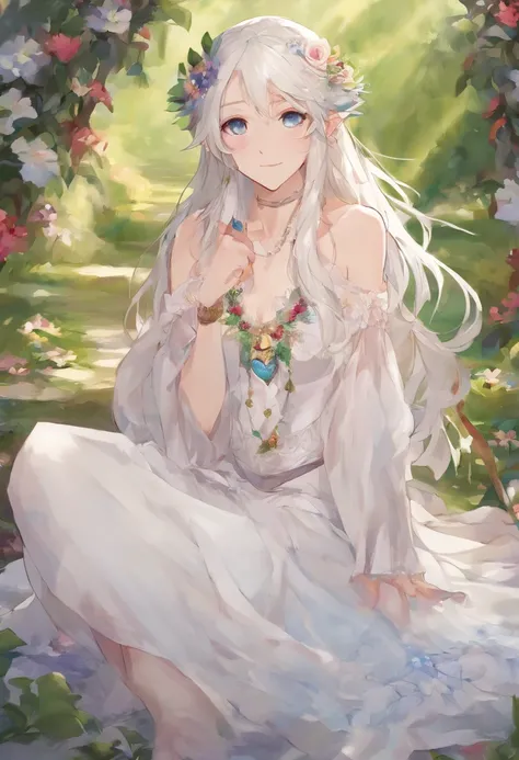 1 Elf Girl, small breasts, white hair, long hair, blue eyes, earrings, white Greece dress, translucent dress, wreath, Sits on the carpet, barefoot, anklets,