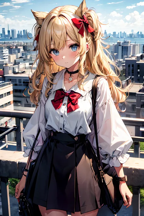 Best quality at best，tmasterpiece，1girll，blond hairbl，messy  hair，curly_Hair，The shirt，a skirt，kawai，JK，Red_bow，Wrist watch，choker necklace，view over city，8K original photos，超高分辨率，highest details，复杂，8K，hdr