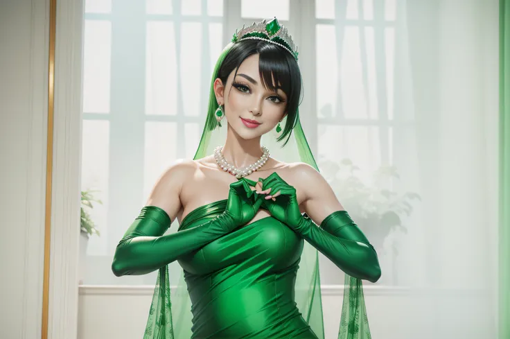 emerald tiara, Green Pearl Necklace, Boyish very short black hair, lipsticks, Japan woman smiling, very short short hair, big breasts beautiful, Green eyes, Long green gloves made of satin material, Green eyes, Emerald Earrings, Green dress, pregnant woman