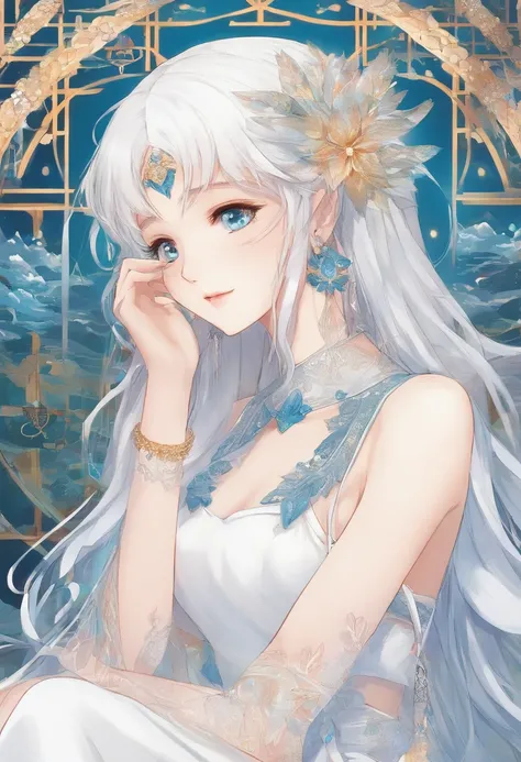 1 Elf Girl, small breasts, white hair, long hair, blue eyes, earrings, white Greece dress, translucent dress, wreath, Sits on the carpet, barefoot, anklets,