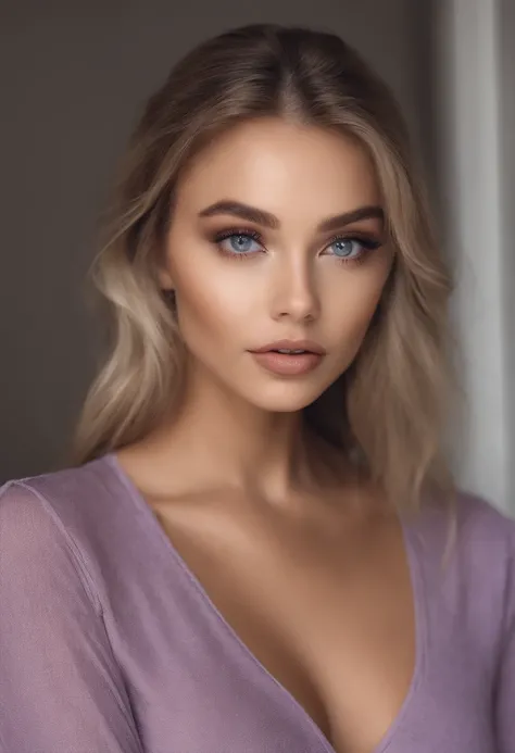 Arafed Femme totalement , Fille sexy aux yeux bleus, ultra realist, Meticulously detailed, Portrait Sophie Mudd, cheveux blonds et grands yeux, selfie of a young woman, Yeux de chambre, Violet Myers, pas de maquillage, Maquillage naturel, Look directly int...