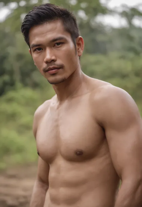 A handsome (Filipino) peasant, muddy, dirty, wet, raunchy outfit, provocative portrait, perfect face, (homoerotic:1.2), tall and burly, toned body, qualidade 8K, absurd textures details and quality