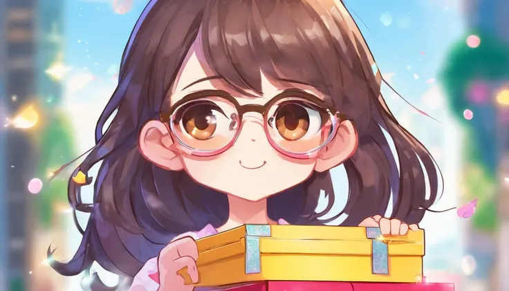 a black, long hair girl with brown eyes whit eyeglasses, happy that open a surprise box