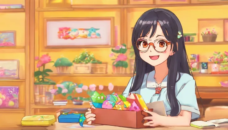 a black, long hair girl with brown eyes whit eyeglasses, happy that open a surprise box