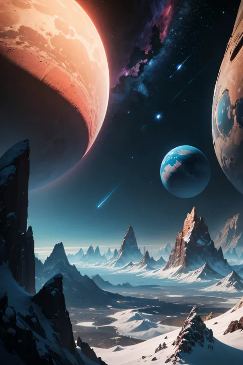 futuristic world of mountains in the background of planets with orbits and nebulae