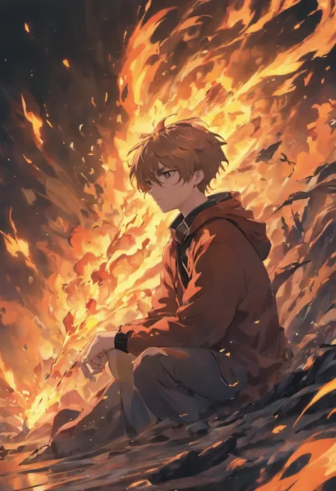 A brooding and mysterious boy with a tragic past. He possesses incredible control over the element of fire but keeps it hidden from the world. anime poses relaxing