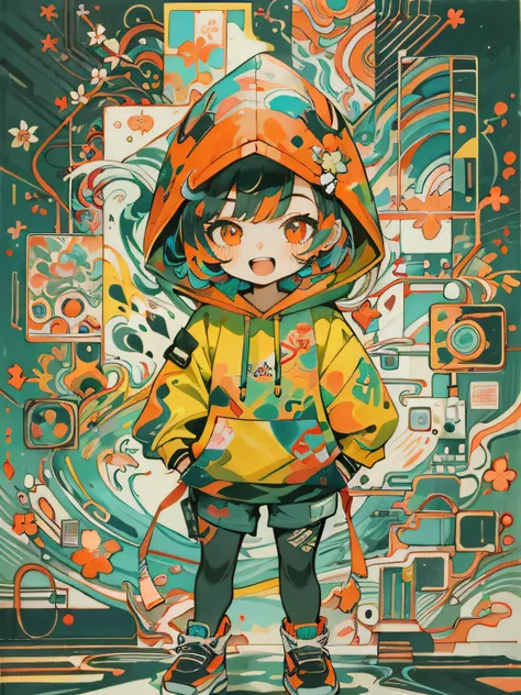 masterpiece, ultra-high quality, ( ultra detailed original illustration), ((chibi mode)),( little girl joyful facial expression, red eye, short hair, smile, open mouth,full body, perfect body), ((street wear,hoodie fashion)), ((flowers sakura)(graffiti)), ...