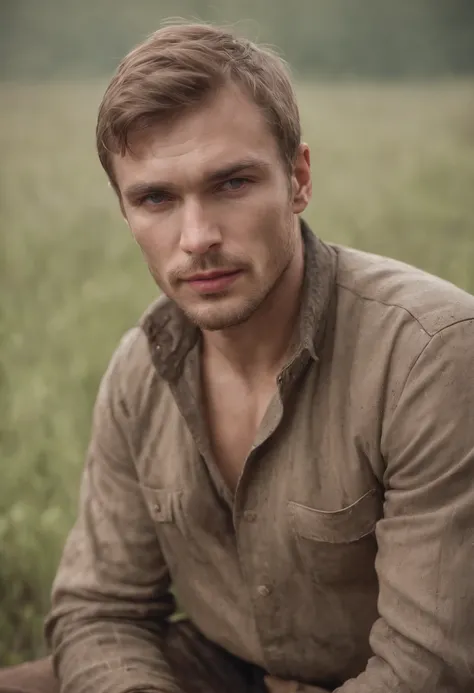 A handsome (Russian) peasant, muddy, dirty, wet, raunchy outfit, provocative portrait, perfect face, (homoerotic:1.2), tall and burly, toned body, qualidade 8K, absurd textures details and quality