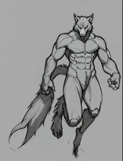 Sketch, white background, solo, wolf, beast, tail, lycanthrope, fantasy, werewolf