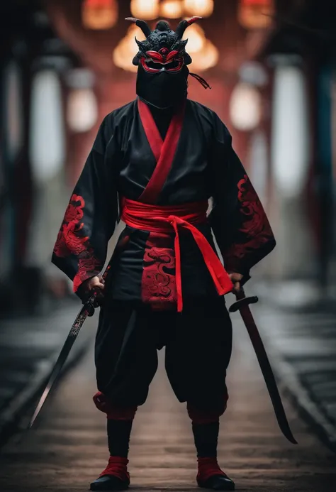 a ninja with a Japanese oni mask, com uma roupa preta, menacingly