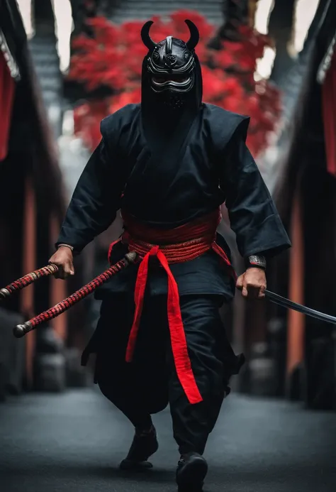 a ninja with a Japanese oni mask, com uma roupa preta, menacingly